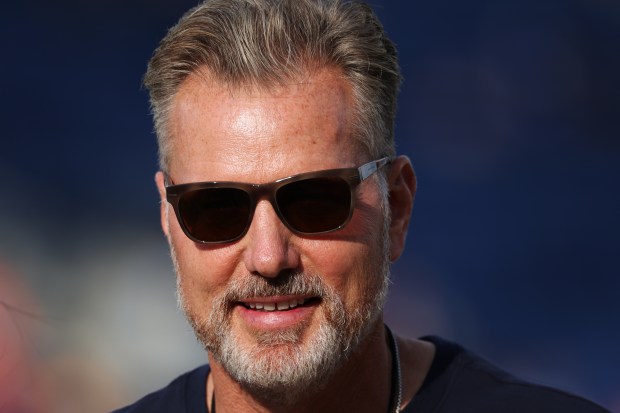 Bears coach Matt Eberflus talks with VIPs on the field before the Hall of Fame Game against the Texans at Tom Benson Hall of Fame Stadium on Aug. 1, 2024, in Canton. (John J. Kim/Chicago Tribune)