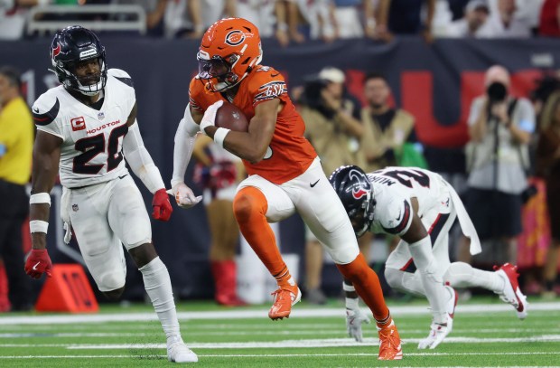 Bears wide receiver Rome Odunze (15) runs after a reception in the fourth quarter against the Texans at NRG Stadium on Sept. 15, 2024, in Houston. (John J. Kim/Chicago Tribune)