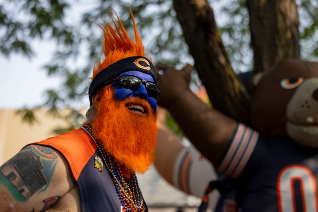 Chicago Bears fan Michael DiBartolomeo tailgates in his full game face before his team plays against the Tennessee Titans in the season opener on Sept. 8, 2024, at Soldier Field. (Brian Cassella/Chicago Tribune)