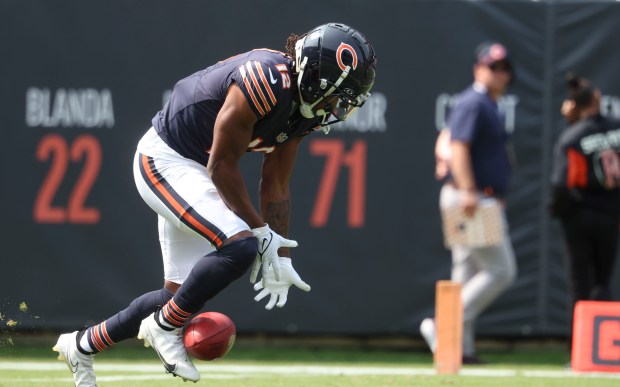 The Bears' Velus Jones Jr. fumbles a kickoff return that the Titans recovered in the first quarter Sunday at Soldier Field. (Brian Cassella/Chicago Tribune)