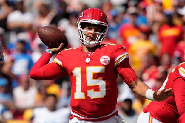 Chiefs quarterback Patrick Mahomes passes against the Lions on Aug. 17, 2024, in Kansas City, Mo. (AP Photo/Ed Zurga)