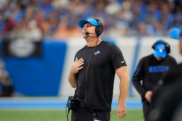 Lions coach Dan Campbell watches during the first half against the Buccaneers on Sunday, Sept. 15, 2024, in Detroit. (AP Photo/Paul Sancya)