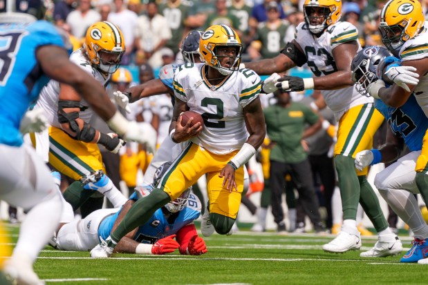 Packers quarterback Malik Willis runs during the first half against the Titans on Sunday, Sept. 22, 2024, in Nashville, Tenn. (AP Photo/George Walker IV)