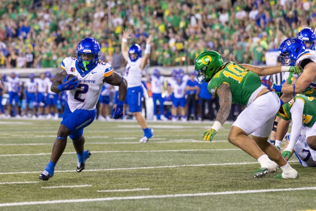 Boise State's Ashton Jeanty runs for a touchdown against Oregon during the first half at Autzen Stadium on Sept. 7, 2024, in Eugene, Ore. (Tom Hauck/Getty Images)