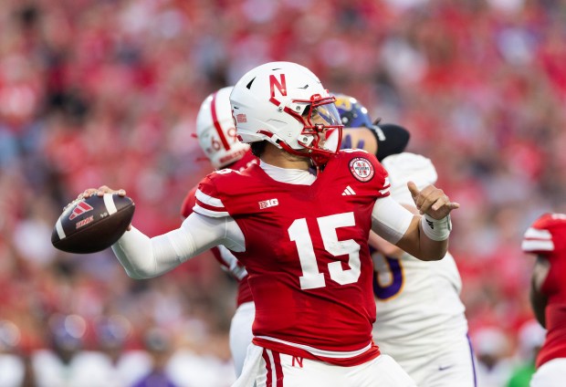 Nebraska quarterback Dylan Raiola passes against Northern Iowa during the first half Saturday, Sept. 14, 2024, in Lincoln, Neb. (AP Photo/Rebecca S. Gratz)