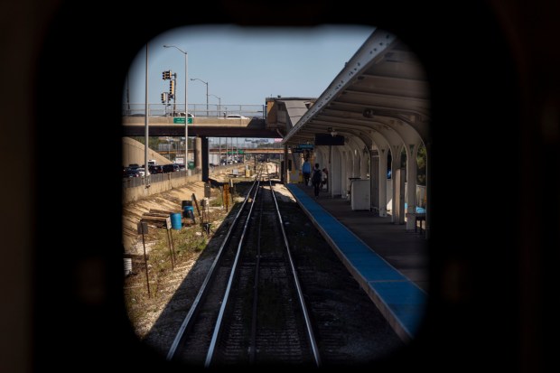 A CTA Blue Line train travels between the Harlem and Forest Park stops, Sept. 3, 2024, after Monday's quadruple homicide onboard a train. (Brian Cassella/Chicago Tribune)