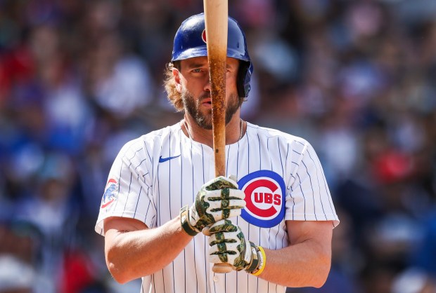 The Cubs' Patrick Wisdom takes a breath during his at-bat against the Pirates on May 19, 2024, at Wrigley Field. (Eileen T. Meslar/Chicago Tribune)