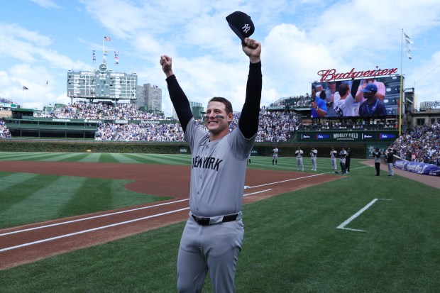 Yankees first baseman Anthony Rizzo (48) is welcomed back to Wrigley Field before the start of a game against the Cubs on Sept. 6, 2024. (Terrence Antonio James/Chicago Tribune)