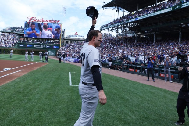 Yankees first baseman Anthony Rizzo (48) is welcomed back to Wrigley Field before the start of a game against the Cubs on Sept. 6, 2024. (Terrence Antonio James/Chicago Tribune)