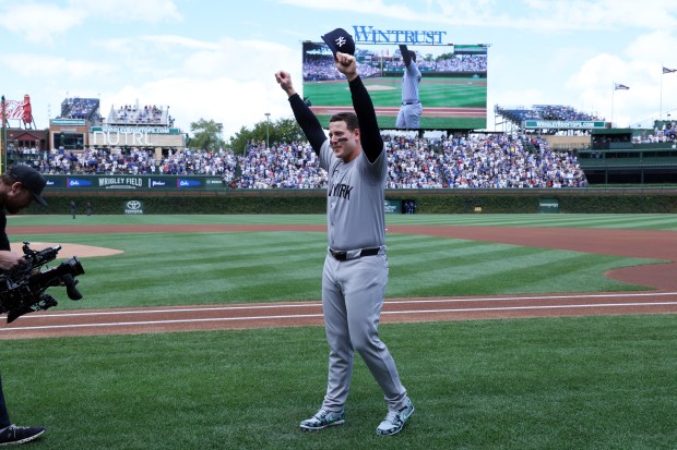 Yankees first baseman Anthony Rizzo is welcomed back to Wrigley Field before a game against the Cubs on Sept. 6, 2024. (Terrence Antonio James/Chicago Tribune)