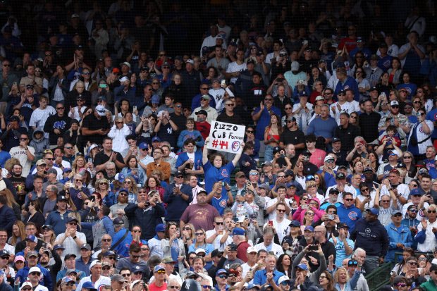 Fans cheer for Yankees first baseman Anthony Rizzo (48) on his return to at Wrigley Field for a game against the Cubs on Sept. 6, 2024. (Terrence Antonio James/Chicago Tribune)