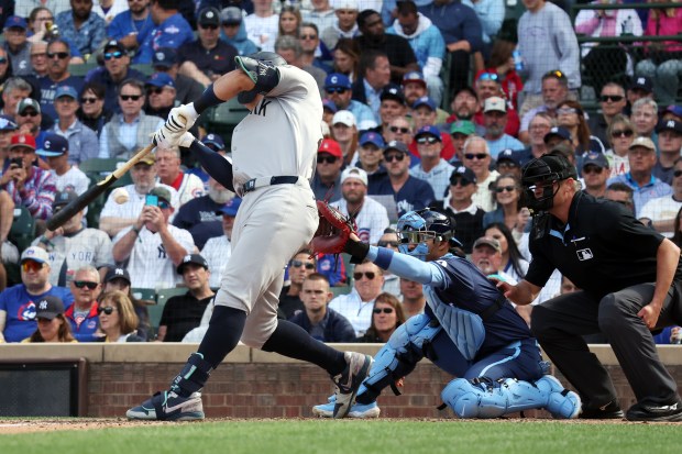 Yankees outfielder Aaron Judge (99) takes a big swing at a pitch in the eighth inning against the Cubs at Wrigley Field on Sept. 6, 2024. (Terrence Antonio James/Chicago Tribune)