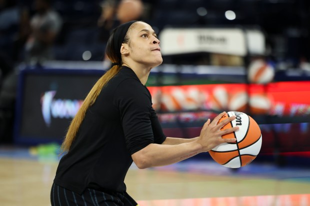 Chicago Sky guard Chennedy Carter warms up before a game against the Fever at Wintrust Arena on June 23, 2024. (Eileen T. Meslar/Chicago Tribune)