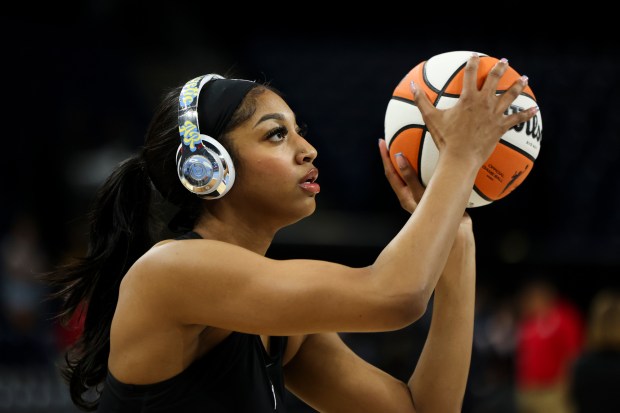 Sky forward Angel Reese warms up before a game against the Fever on June 23, 2024, at Wintrust Arena. (Eileen T. Meslar/Chicago Tribune)