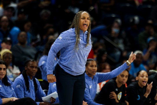 Sky coach Teresa Weatherspoon yells during a game against the Liberty on May 7, 2024, at Wintrust Arena. (Eileen T. Meslar/Chicago Tribune)