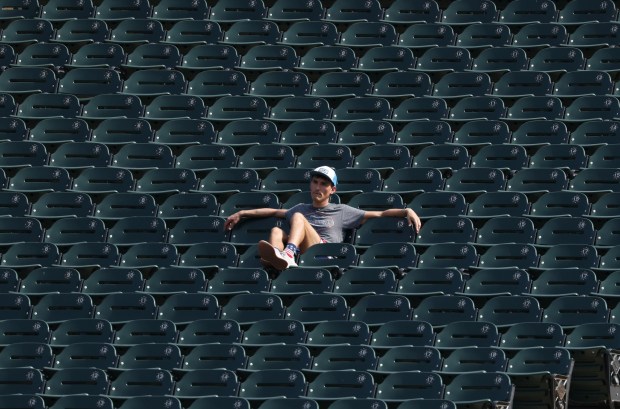 A fan in the outfield watches the third inning between the White Sox and Guardians on Wednesday, Sept. 11, 2024, at Guaranteed Rate Field. (John J. Kim/Chicago Tribune)