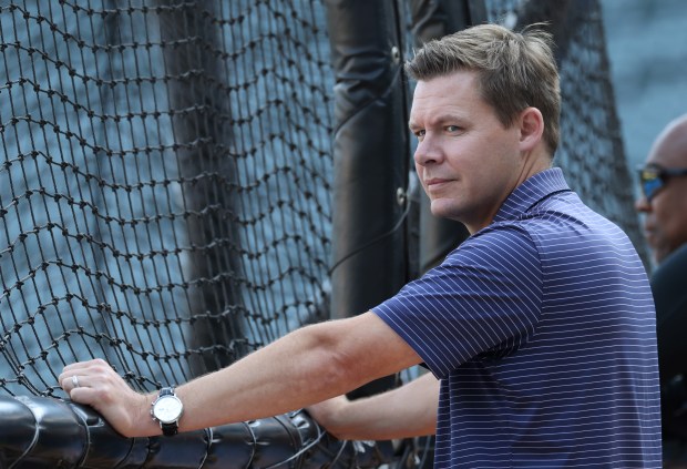 White Sox general manager Chris Getz watches batting practice before a game against the Athletics on Sept. 13, 2024, at Guaranteed Rate Field. (John J. Kim/Chicago Tribune)