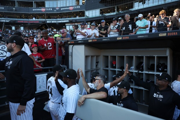 The White Sox celebrate a 7-0 win over the Angels at Guaranteed Rate Field on Sept. 26, 2024, in Chicago. The White Sox swept the series 3-0. (John J. Kim/Chicago Tribune)