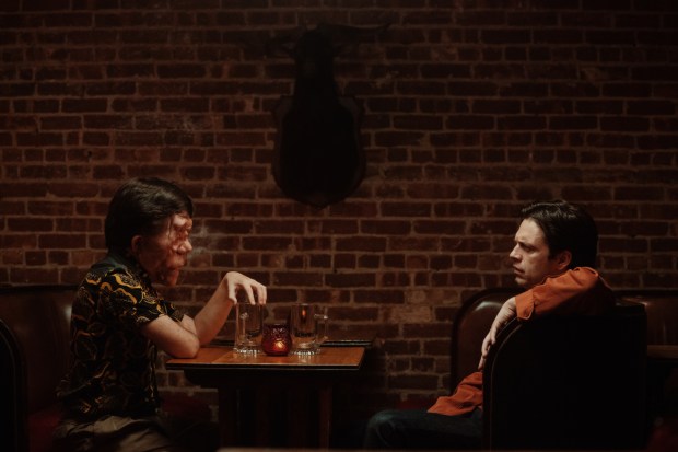 Adam Pearson and Sebastian Stan in "A Different Man." (Matt Infante/A24)