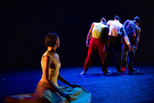 Briana Arthur, Pierre Clark, Joshua L. Ishmon and Joshua Henry in "Flack" by Deeply Rooted Dance Theatre at the Logan Center at University of Chicago. (Michelle Reid)