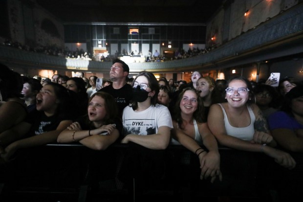 Fans listen to Julien Baker preform "Bloodshot" during the first show of the three-night residency at Thalia Hall in Chicago's Pilsen neighborhood, Sept. 23, 2024. (Talia Sprague/for the Chicago Tribune)