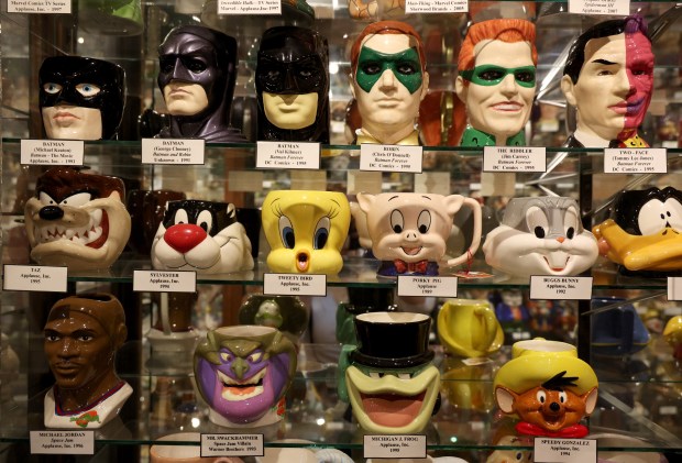 Movie and cartoon character Toby jugs from the 1990s are on display at the American Toby Jug Museum on Sept. 17, 2024 in Evanston. There are over 8000 items inside of the museum which is set to close next spring. The museum was founded by Steve Mullins, an avid collector and historian of Toby jugs. (Stacey Wescott/Chicago Tribune)