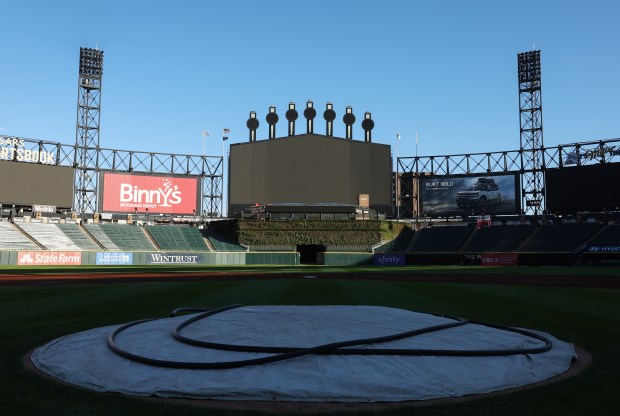 The pitcher's mound is covered over and digital displays are turned off after a 7-0 White Sox win over the Angels in the final home game of the season at Guaranteed Rate Field on Sept. 26, 2024. (John J. Kim/Chicago Tribune)