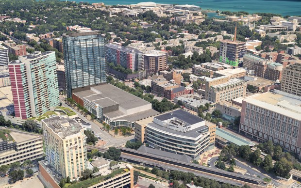 A pair of developers have proposed replacing a section of Church Street Plaza in Evanston with a 27-story skyscraper, pictured in this conceptual rendering. (Antunovich Associates)