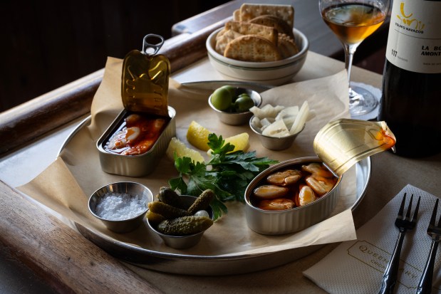 Tinned seafood offerings at Queen Mary Tavern in the Ukrainian Village neighborhood, Aug. 14, 2024. (E. Jason Wambsgans/Chicago Tribune)