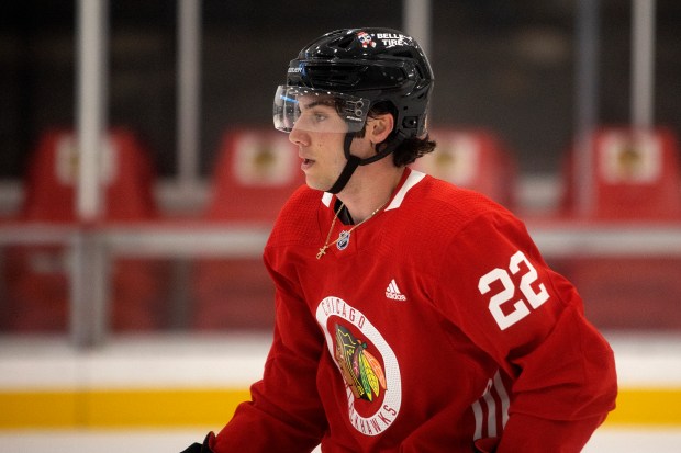 Frank Nazar practices during Blackhawks development camp at Fifth Third Arena on July 14, 2022. (Erin Hooley/Chicago Tribune)