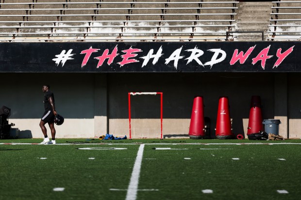 Northern Illinois running back Antario Brown walks on the field during practice on Tuesday, Sept. 17, 2024, at Huskie Stadium in DeKalb, Ill. (Eileen T. Meslar/Chicago Tribune)