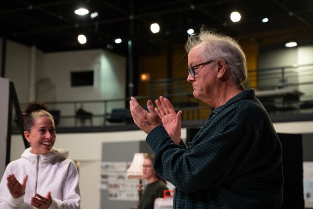 Audrey Francis and Francis Guinan in rehearsal for Steppenwolf Theatre's upcoming production of "Noises Off." (Joel Moorman)