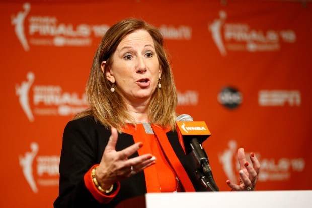 WNBA Commissioner Cathy Engelbert speaks at a news conference before Game 1 of the WNBA Finals on Sept. 29, 2019, in Washington. (AP Photo/Patrick Semansky)