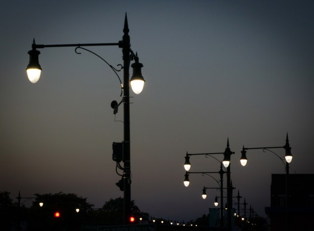 As of late 2023, a single police beat in North Center had 34 active POD cameras, including this one, affixed below other equipment on a pole near Western and Belmont avenues. (E. Jason Wambsgans/Chicago Tribune)