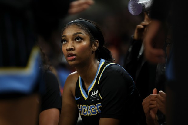 Sky forward Angel Reese listens during a team huddle in a game against the Fever on June 23, 2024, at Wintrust Arena. (Eileen T. Meslar/Chicago Tribune)