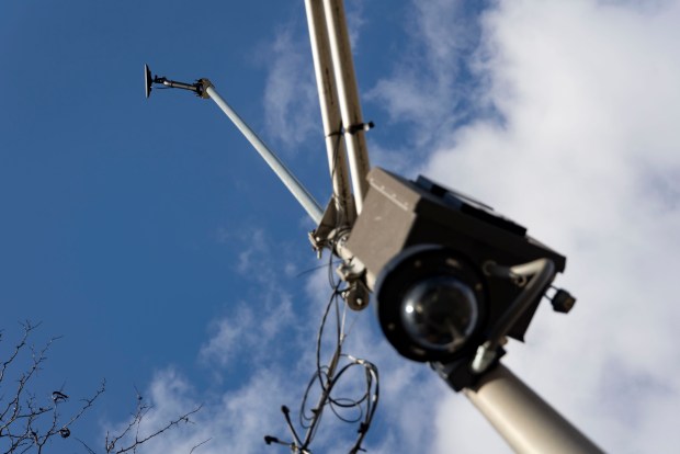 ShotSpotter gunshot detection technology is seen in use on a light pole in Chicago's Humboldt Park neighborhood in February. (Brian Cassella/Chicago Tribune)