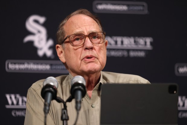 Jerry Reinsdorf, Chicago White Sox chairman, addresses reporters before introducing Chris Getz, senior vice president and general manager, at a press conference to announce Getz's promotion to the new positions at Guaranteed Rate Field Thursday, Aug. 31, 2023, in Chicago. (John J. Kim/Chicago Tribune)