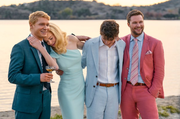 From left: Billy Howle as Benji Winbury, Nicole Kidman as Greer Winbury, Sam Nivola as Will Winbury, Jack Reynor as Thomas Winbury in "The Perfect Couple." (Hilary Bronwyn Gayle/Netflix)