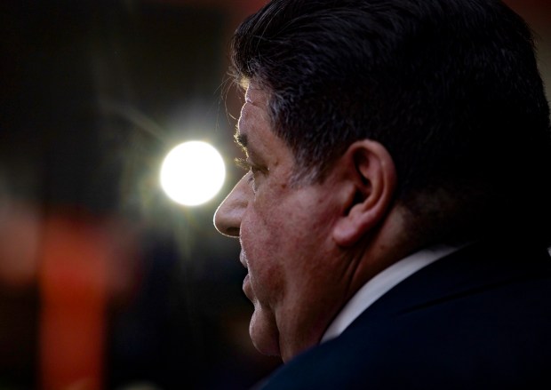 Gov. JB Pritzker answers questions on May 6, 2024, at an event at the Thompson Center in Chicago. (Brian Cassella/Chicago Tribune)