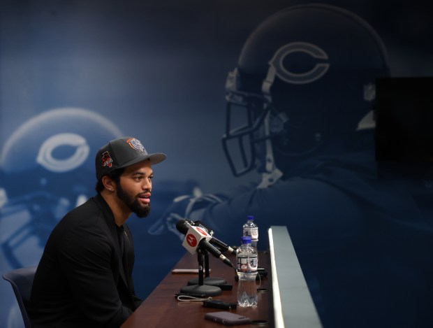 New Bears quarterback Caleb Williams speaks at Halas Hall on April 26, 2024. (Chris Sweda/Chicago Tribune)