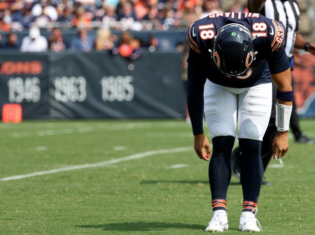 Bears quarterback Caleb Williams reacts after an incomplete pass in the third quarter against the Titans on Sept. 8, 2024, at Soldier Field. (Chris Sweda/Chicago Tribune)