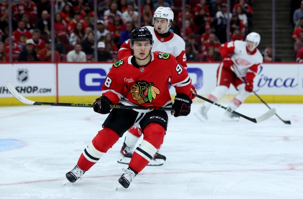 Chicago Blackhawks center Connor Bedard (98) skates in the third period of a preseason game against the Detroit Red Wings at the United Center in Chicago on Sept. 25, 2024. (Chris Sweda/Chicago Tribune)