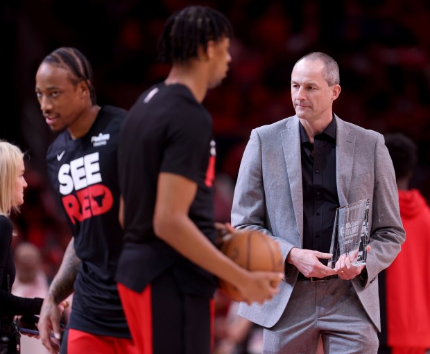 Artūras Karnišovas, Bulls executive vice president of basketball operations, is seen walking on the floor before the start of a play-in tournament game against the Hawks at the United Center on April 17, 2024. (Chris Sweda/Chicago Tribune)