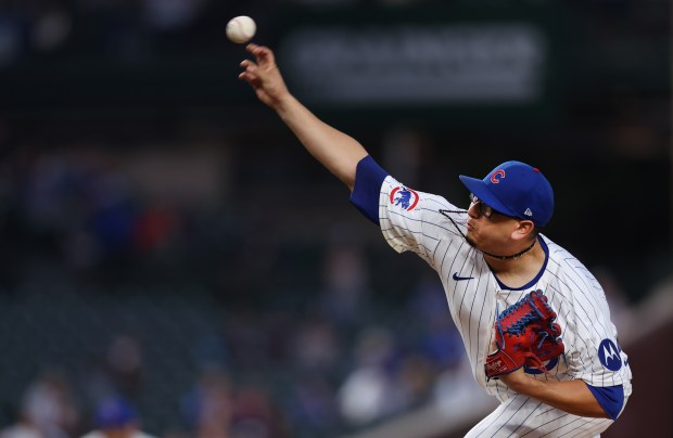 Chicago Cubs starting pitcher Javier Assad (72) delivers to the Washington Nationals in the first inning of a game at Wrigley Field in Chicago on Sept. 19, 2024. (Chris Sweda/Chicago Tribune)