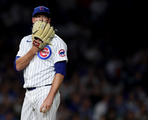 Chicago Cubs relief pitcher Drew Smyly reacts after giving up a 3-run home run to Washington Nationals right fielder Joey Gallo in the sixth inning of a game at Wrigley Field in Chicago on Sept. 19, 2024. (Chris Sweda/Chicago Tribune)