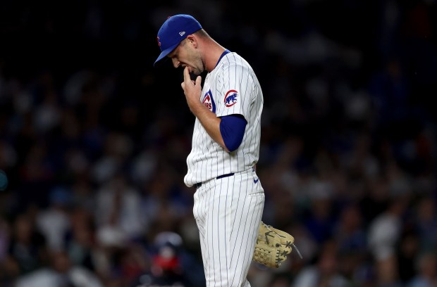 Chicago Cubs relief pitcher Drew Smyly reacts after giving up a 3-run home run to Washington Nationals right fielder Joey Gallo in the sixth inning of a game at Wrigley Field in Chicago on Sept. 19, 2024. (Chris Sweda/Chicago Tribune)