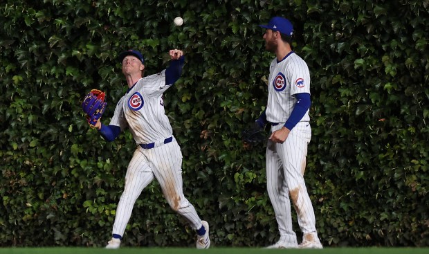 Chicago Cubs center fielder Pete Crow-Armstrong (52) throws a ball in from deep in center field in the ninth inning of a game against the Washington Nationals at Wrigley Field in Chicago on Sept. 19, 2024. (Chris Sweda/Chicago Tribune)