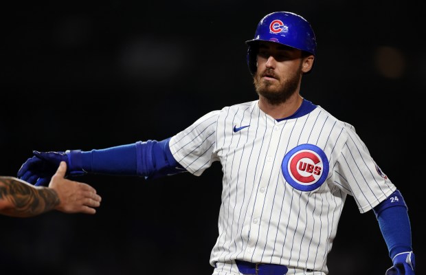 Chicago Cubs right fielder Cody Bellinger celebrates after driving in a run on a single in the seventh inning of a game against the Washington Nationals at Wrigley Field in Chicago on Sept. 19, 2024. (Chris Sweda/Chicago Tribune)