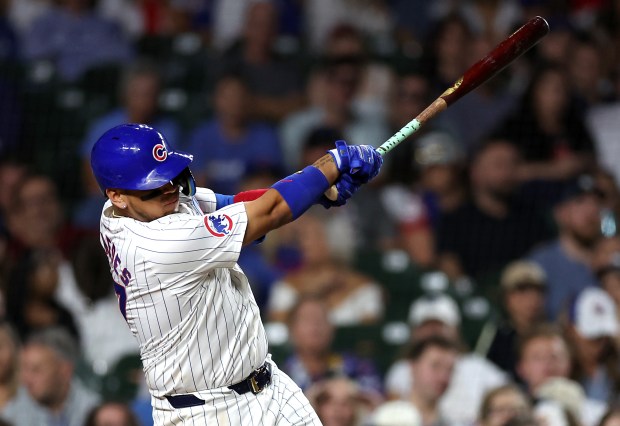 Cubs third baseman Isaac Paredes drives in a run on a groundout in the seventh inning against the Nationals on Sept. 19, 2024, at Wrigley Field. (Chris Sweda/Chicago Tribune)