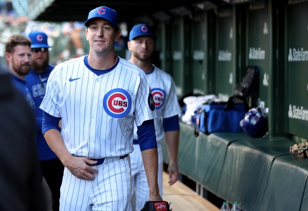 Chicago Cubs pitcher Kyle Hendricks walks through the dugout before his start against the Pittsburgh Pirates at Wrigley Field in Chicago on Sept. 3, 2024. (Chris Sweda/Chicago Tribune)